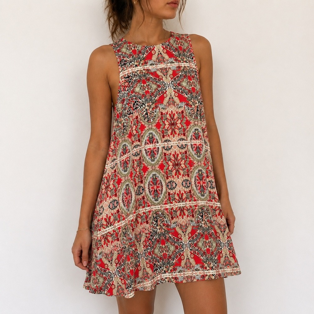 Lulus Red Paisley Mini Dress High Neck‎ Shift Small Boho Festival